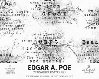 Edgar Allan Poe Inspirational Quotes, Grunge Photoshop Brushes For Poetry Journal, Digital Download Halloween Junk Journal Words