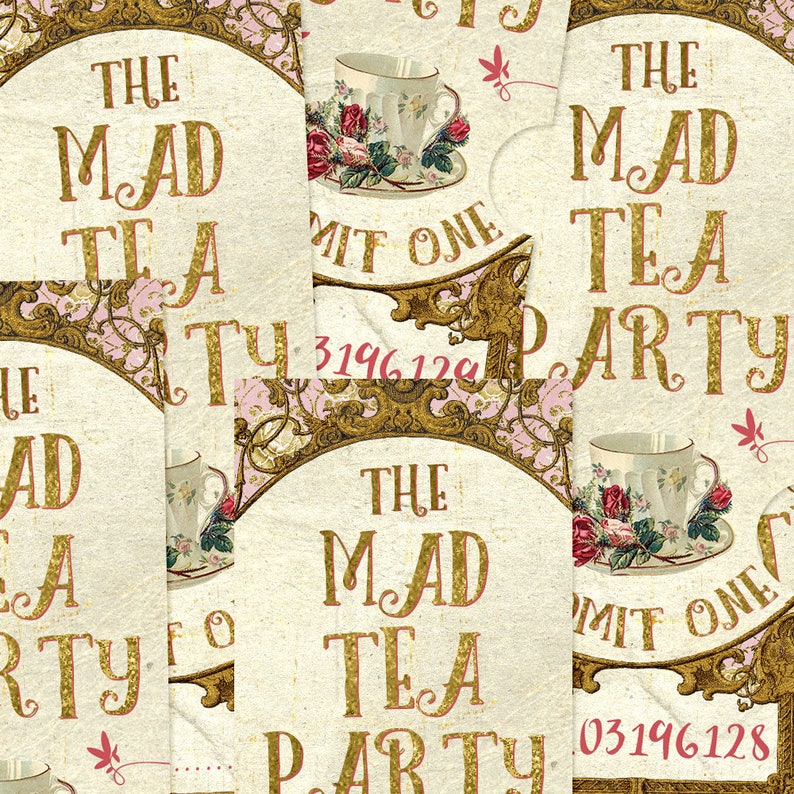 Mad Tea Party Ticket Invitation, Wonderland Printable Entry Tickets, Instant Download, Digital Collage Sheet, Gold and Pink Raffle Tickets image 3