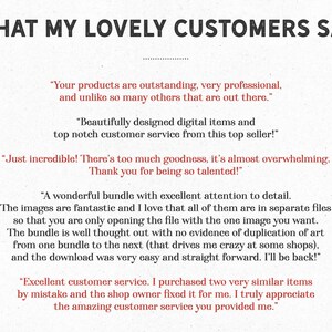 May include: A cream-coloured background features the text "WHAT MY LOVELY CUSTOMERS SAY" in a dark, bold font. Several customer testimonials are displayed in a smaller, dark font, praising the products and customer service.