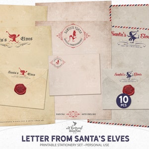 Regalo imprimible para niños, papelería vintage de elfo navideño, descarga digital, membrete del Polo Norte y sobres con sellos de cera