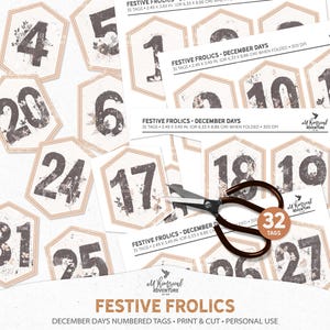 Afdrukbare genummerde kerstafteltags voor logboeken en scrapbooking, digitale download dagelijkse adventskalender voor december