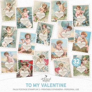 Znaczki pocztowe, Junk Journal, Znaczki Angel Wings, Prezent dla niej, Vintage Cherubs, Prezent walentynkowy, Natychmiastowe pobieranie, Znaczki do druku
