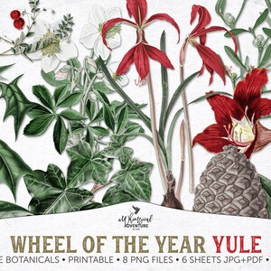 Yule Wheel Of The Year Printable Vintage Floral PNG Clipart, Antique Winter Botanicals Ephemera Pack Collage Sheets