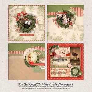 May include: Four digital scrapbook layouts with a Christmas theme. Each layout features a different image, including a wreath, a family photo, a baby, and a lit lantern. The layouts are decorated with red and green colors, and include text such as "Silent Night" and "The Season of Joy".
