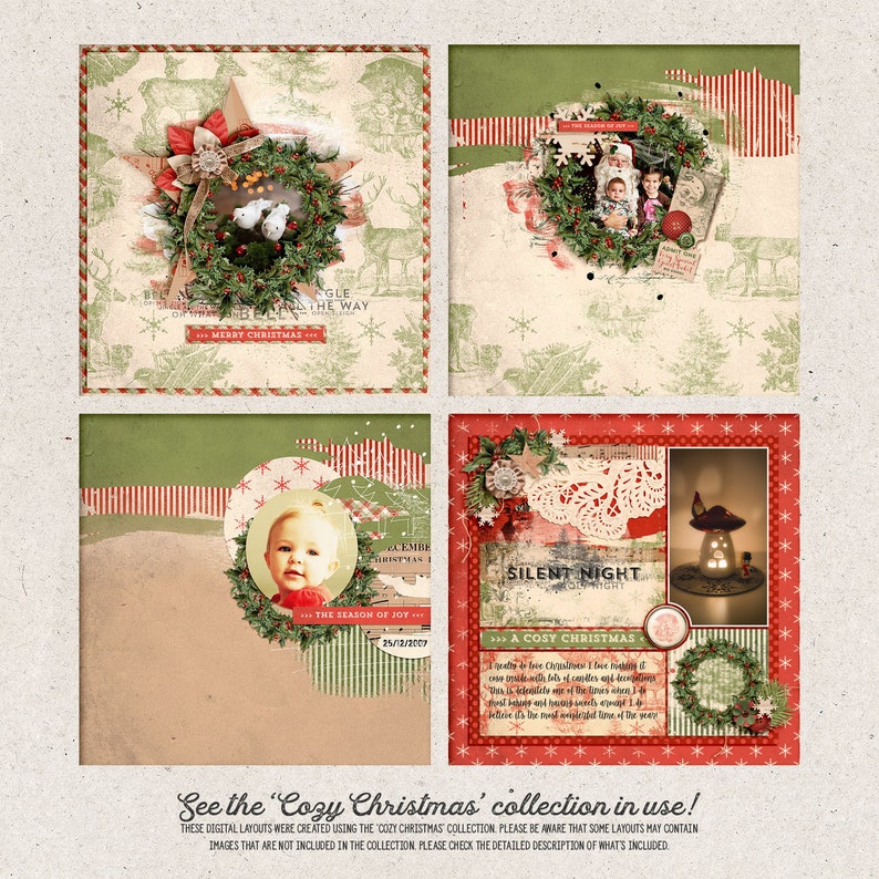 May include: Four digital scrapbook layouts with a Christmas theme. Each layout features a different image, including a wreath, a family photo, a baby, and a lit lantern. The layouts are decorated with red and green colors, and include text such as "Silent Night" and "The Season of Joy".