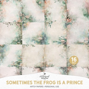 Frog Prince Fairytale Artsy aquarelle Lily Pond Scrapbooking Papers, téléchargement numérique Shabby romantique Floral peint arrière-plans