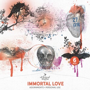 May include: A set of six digital clipart images featuring a skull, a heart, a bat, a crow, a floral design, and a skull with wings. The images are in a vintage style with a grunge aesthetic and are perfect for adding a gothic touch to your projects.