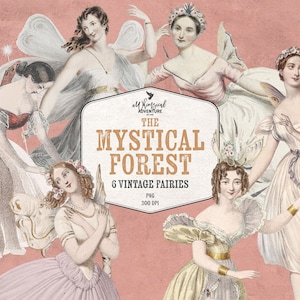 Vintage fées PNG, clipart fée magique, illustrations de fées ballerines anciennes, ailes de papillon, forêt enchantée, kit de collage de fées