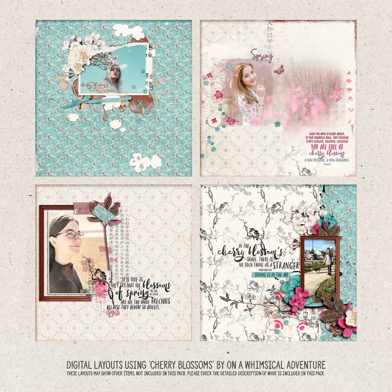 K&ouml;nnte beinhalten: Vier digitale Scrapbooking-Layouts mit einem rosa-wei&szlig;en Blumenmuster mit dem Text "cherry blossoms" und "Spring". Die Layouts enthalten Fotos von Personen und einer Stadtlandschaft.