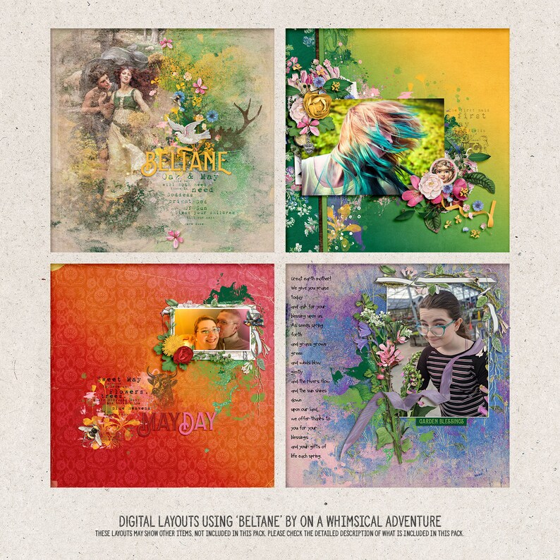 Op de afbeelding: Vier digitale scrapbook-layouts met een grillig bloemmotief met de tekst "Beltane" en "May Day". De layouts bevatten afbeeldingen van mensen, bloemen en natuur.