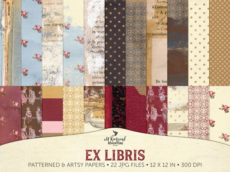 Bookish Paper Pack, For Bookworms and Book Lovers, Bibliophile, Librarian Gift Idea, Instant Download, Ex Libris, Digital Scrapbook Papers image 1