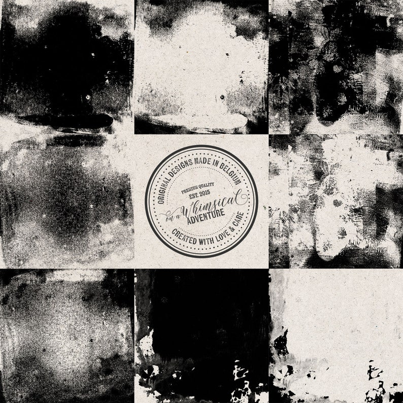 Peut inclure: Fond abstrait grunge en noir et blanc avec un tampon circulaire qui dit "Original Designs Made in Belgium, Premium Quality Est. 2015, On a Whimsical Adventure, Created with Love & Care".