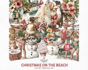 Whimsical Christmas On The Beach Coastal Scrapbook Clipart PNG Files, Digital Download Mid-Century Modern Style Illustrations