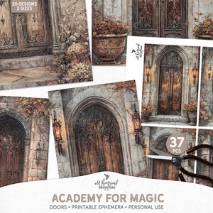 Puede incluir: Un conjunto de 37 papeles digitales imprimibles que presentan puertas de estilo vintage con detalles intrincados. Las puertas están colocadas sobre un fondo de muros de piedra y hiedra. Los papeles son perfectos para scrapbooking, creación de tarjetas y otros proyectos de manualidades.