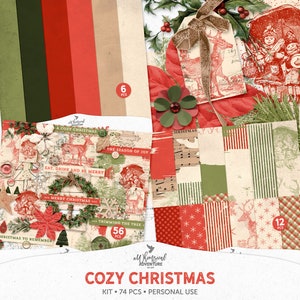 May include: A digital scrapbooking kit with a cozy Christmas theme. The kit includes 74 pieces of digital paper, graphics, and elements in red, green, and white. The kit is for personal use only.