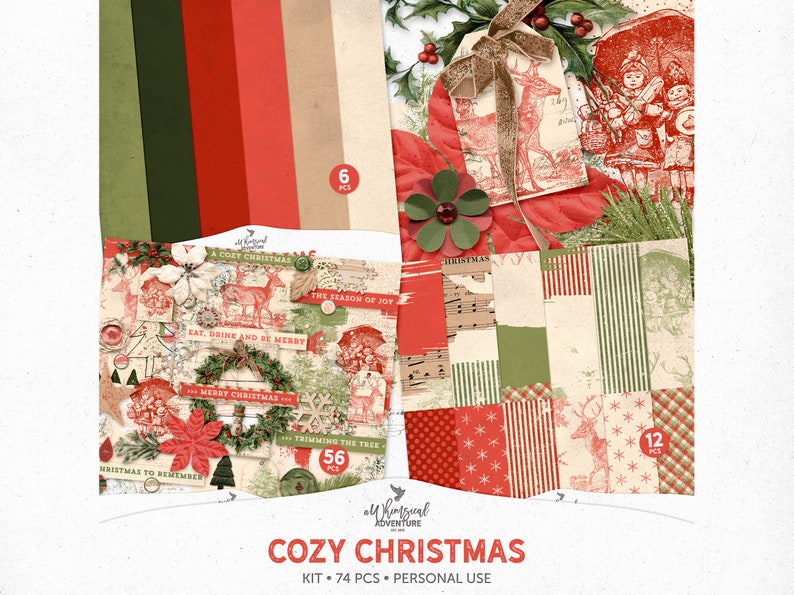 May include: A digital scrapbooking kit with a cozy Christmas theme. The kit includes 74 pieces of digital paper, graphics, and elements in red, green, and white. The kit is for personal use only.