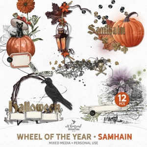 Halloween Mixed Media Clusters, Wheel Of The Year, Samhain Festival Scrapbook, Witchy Halloween Mini Clip Art, Samhain Ephemera, Digital