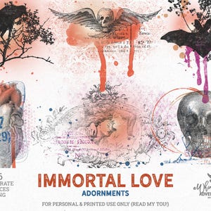 May include: A digital art collection featuring six gothic elements including a black crow on a branch, a winged skull, a bat with pink drips, an anatomical heart with the text 27 (29), a vintage couple illustration, and a skull with pink drips.