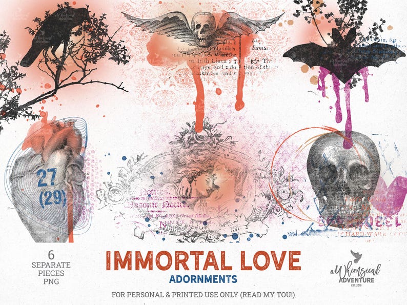 May include: A digital art collection featuring six gothic elements including a black crow on a branch, a winged skull, a bat with pink drips, an anatomical heart with the text 27 (29), a vintage couple illustration, and a skull with pink drips.