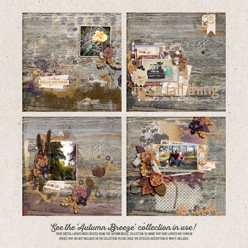 May include: Four digital scrapbook layouts with a rustic wood background and autumn-themed embellishments. The layouts feature images of a yellow flower, a book, a couple with a child, and a park scene. The text "Hello Autumn" and "It's a fall thing" are included in the layouts.