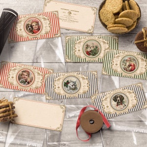 May include: A set of six Christmas gift tags featuring various illustrations of animals and people in winter scenes. The tags are printed on a cream-colored paper with a red, green, or blue striped background. The text on the tags reads "Only for the best" and "Maison Clement".