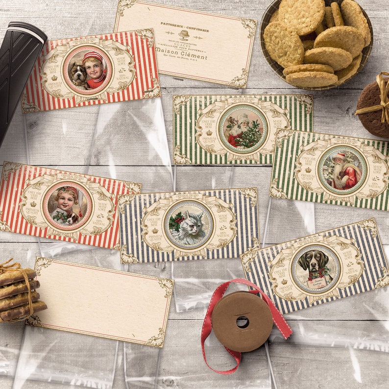 May include: A set of six Christmas gift tags featuring various illustrations of animals and people in winter scenes. The tags are printed on a cream-colored paper with a red, green, or blue striped background. The text on the tags reads "Only for the best" and "Maison Clement".