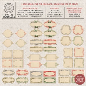 May include: Set of 10 printable holiday gift tags with ornate frames in red, green, and gold. Each tag comes in four different colors and includes a blank version. The tags are 8.5 x 11 inches and can be printed on A4 paper.