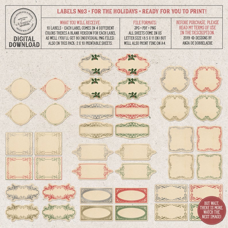 May include: Set of 10 printable holiday gift tags with ornate frames in red, green, and gold. Each tag comes in four different colors and includes a blank version. The tags are 8.5 x 11 inches and can be printed on A4 paper.