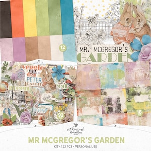 Puede incluir: Un kit de scrapbooking digital con 122 piezas con un tema de jardín caprichoso. El kit incluye una variedad de papeles, elementos y adornos en una paleta de colores suaves de rosa, azul, verde y amarillo. El kit también incluye una tarjeta de título con el texto "Mr. McGregor's Garden".