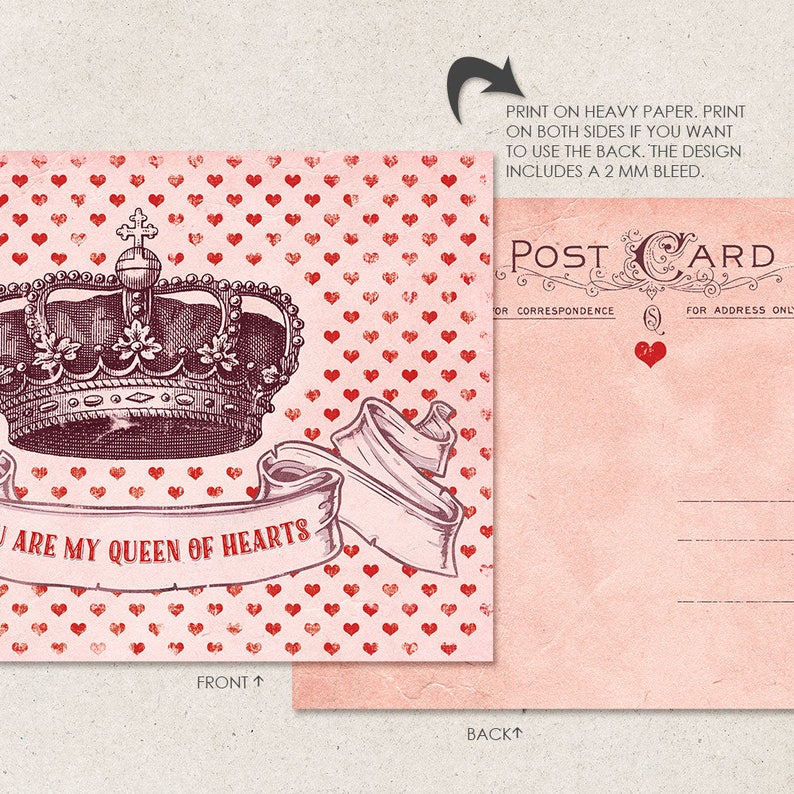 Queen Of Hearts, Printable Card For Her, Digital Printable Postcard, You Are My Queen Of Hearts, Instant Download, Vintage Hearts, Crown image 5