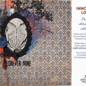 May include: A digital scrapbook layout titled IMMORTAL LOVE featuring a black ornate oval frame containing a black and white image of hands holding tiles spelling FOREVER. The background has a blue damask pattern with black tree silhouettes.
