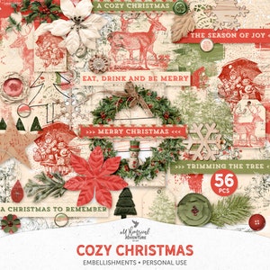 May include: A digital collage sheet with 56 Christmas themed images and illustrations. The images are in red, green, and white and feature a variety of Christmas elements, including wreaths, trees, snowflakes, reindeer, and a snowman. The text "A Cozy Christmas" is featured in the bottom center of the image.
