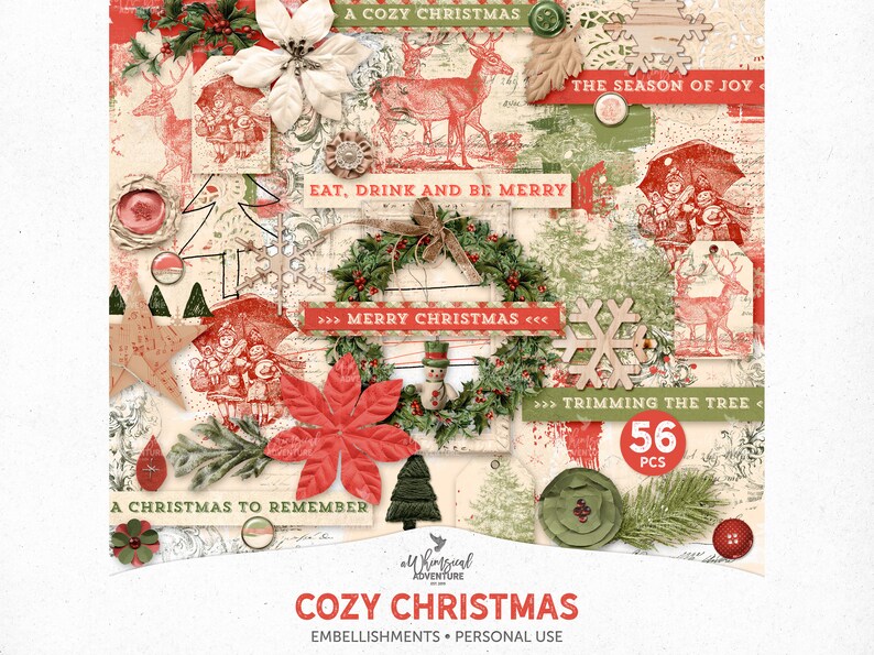 May include: A digital collage sheet with 56 Christmas themed images and illustrations. The images are in red, green, and white and feature a variety of Christmas elements, including wreaths, trees, snowflakes, reindeer, and a snowman. The text "A Cozy Christmas" is featured in the bottom center of the image.