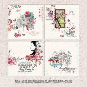 K&ouml;nnte beinhalten: Vier digitale Scrapbooking-Layouts mit Kirschbl&uuml;ten, einer japanischen Frau und einem Zitat &uuml;ber die Sch&ouml;nheit des Fr&uuml;hlings. Die Layouts sind in einem verspielten Stil mit einer Mischung aus rosa, blau und wei&szlig;en Farben gestaltet.