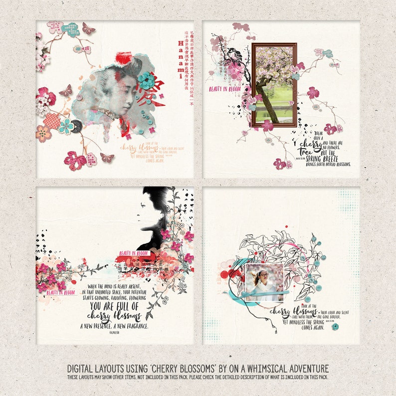 K&ouml;nnte beinhalten: Vier digitale Scrapbooking-Layouts mit Kirschbl&uuml;ten, einer japanischen Frau und einem Zitat &uuml;ber die Sch&ouml;nheit des Fr&uuml;hlings. Die Layouts sind in einem verspielten Stil mit einer Mischung aus rosa, blau und wei&szlig;en Farben gestaltet.