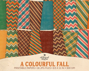 Scrapbook Paper, Printable Letter Size, Fall Colors, Geometric Patterns, Plaid And Chevron, Digital Download
