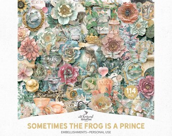 Frog Prince Fairytale Mixed Media Scrapbook Clipart PNG Files For Scrapbooking, Digital Download Fantasy And Watercolor Art
