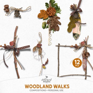 Clipart automne, brindilles et feuilles, pommes de pin des bois, téléchargement numérique, éléments de scrapbooking rustique, breloque hibou, plumes, baies d'automne