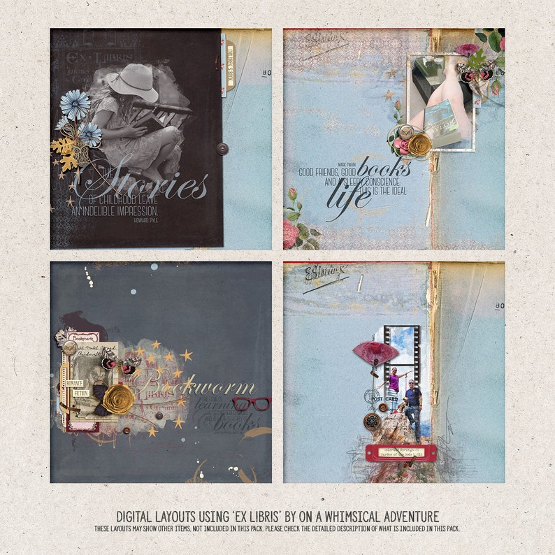 May include: Four digital scrapbook layouts with a vintage aesthetic. Each layout features a different image and text. The layouts are designed to be used with the 'Ex Libris' digital scrapbooking kit.