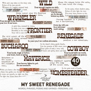 Cowboy en wilde westen poëzie en zin clipart png-bestanden voor scrapbooking, My Sweet Renegade digitale download Western Journal woorden