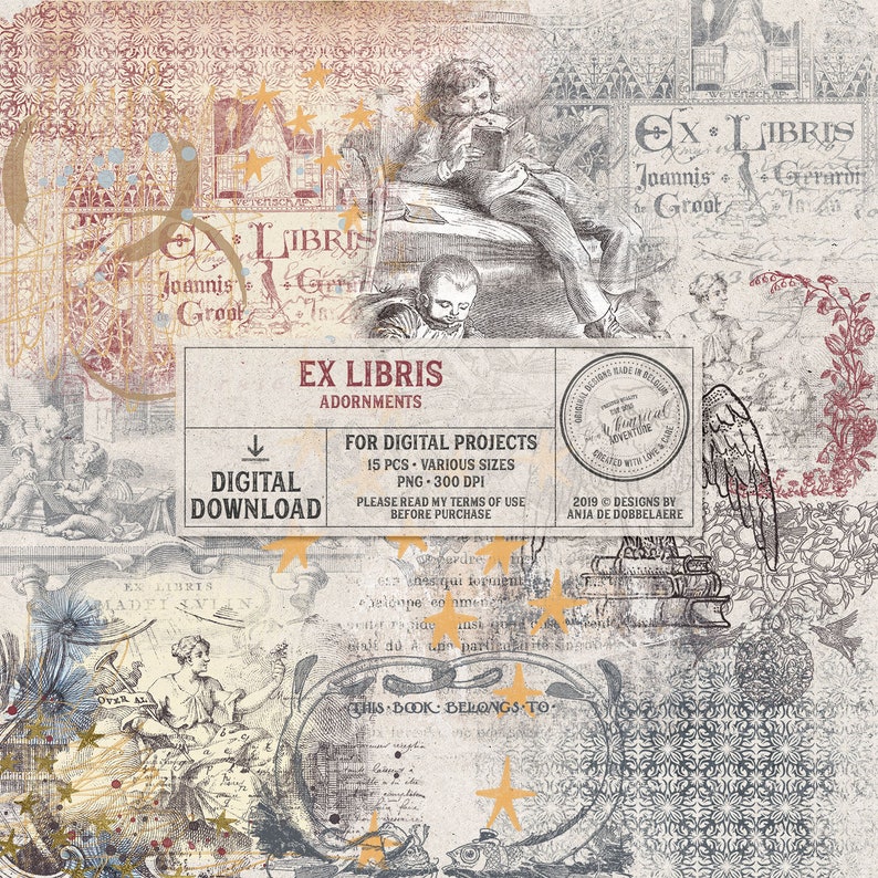 May include: A digital download of 15 vintage-style "Ex Libris" bookplates. The bookplates feature a variety of designs, including angels, stars, and text. The bookplates are perfect for adding a touch of vintage charm to your digital projects.
