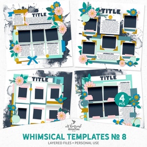 May include: Four digital scrapbook templates with a whimsical theme. Each template features a title area, photo spaces, and journaling areas. The templates are decorated with floral elements, blue and green colours, and a black watercolour background.