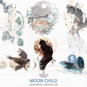 Mond Kind Wunderlich himmlisch Mixed Media Clip Art PNG Dateien, digitaler Download künstlerische Aquarell Overlays für Scrapbooking oder Journaling