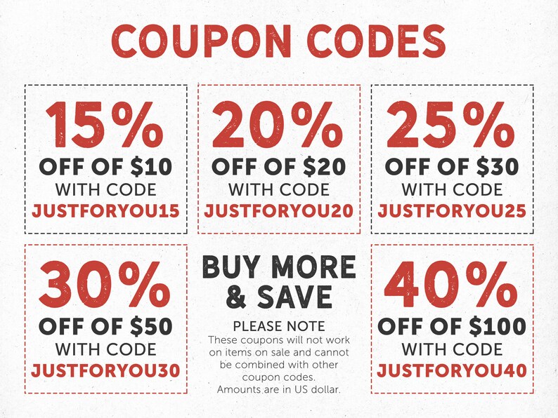 K&ouml;nnte beinhalten: Eine rote und schwarze Grafik mit Gutscheincodes f&uuml;r Rabatte auf Eink&auml;ufe. Die Codes sind JUSTFORYOU15, JUSTFORYOU20, JUSTFORYOU25, JUSTFORYOU30 und JUSTFORYOU40. Die Grafik enth&auml;lt auch den Text "BUY MORE & SAVE" und "PLEASE NOTE" mit Details zu den Gutscheincodes.