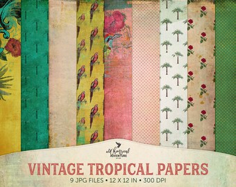Digital Paper, Tropical Decor, Instant Download, Palm Tree Print, Hibiscus Flower, Summer Backgrounds