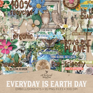 Everyday Is Earth Day Digital Download Clipart PNG Files, Mixed Media Watercolor And Vintage Art For Scrapbooking And Journaling