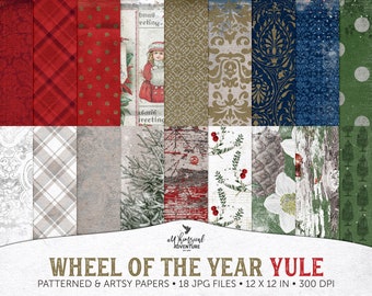 Yule Wheel Of The Year Digital Scrapbook Paper, Instant Download Winter Solstice Rustic Patterned Papers For Book Of Shadows
