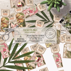 Tropical Party Idea, Wedding Invitation, Rose Gold and Green, Printable Party Ticket Instant Download, Digital Collage Sheet, Vintage Orchid image 1