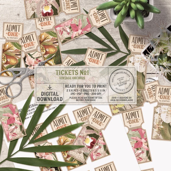 Tropical Party Idea, Wedding Invitation, Rose Gold and Green, Printable Party Ticket Instant Download, Digital Collage Sheet, Vintage Orchid