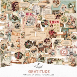 Pacchetto di effimeri di diario della gratitudine stampabile del Ringraziamento d'epoca, download digitale di fogli di collage con taglio fuzzy di clipart autunnali